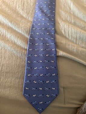 Hermes Blue Silk Tie with Repeating Horse Motif